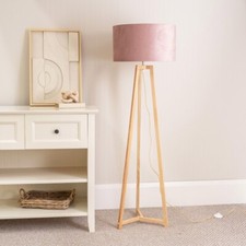 Image of Natural Wood Tripod Floor Lamp Velvet Lampshade Living Room Free Standing Light
