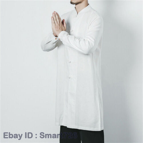 Men Chinese Kung Fu Long Jacket Top Midi Tang Suit Martial Art Shirt Loose Chic - Picture 3 of 21