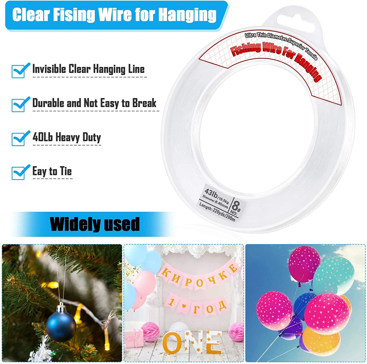 Clear Fishing Wire, 656FT Fishing Line Clear Invisible Hanging Wire Stro