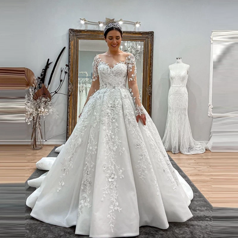 Lujo Encaje Vestidos de Boda 3D Flores Mangas Largas Con Tren