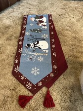 St Nicholas Square Table Runner Snowmen Winter 74"x13" Tapestry Tassels Border