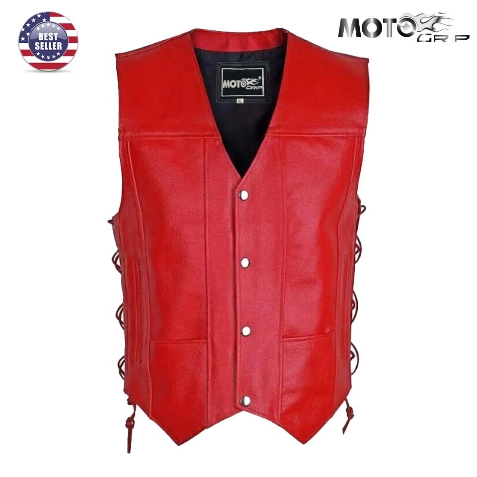 Men's Red Leather Vest With Side Laces Motorbike Inner Motorcycle
