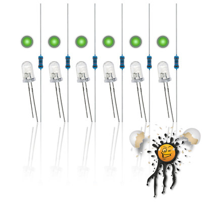 5mm LED Set 3.3V-12V 6x LEDs Round 6x Resistors Red Blue White Yellow Green Purple