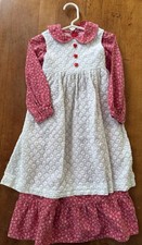 Vintage Handmade Girls Size 2-4T Prairie Apron Dress Red White see Measurements