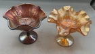 BEAUTIFUL PAIR OF VINTAGE CARNIVAL FENTON HOLLY COMPOTES PURPLE & MARIGOLD