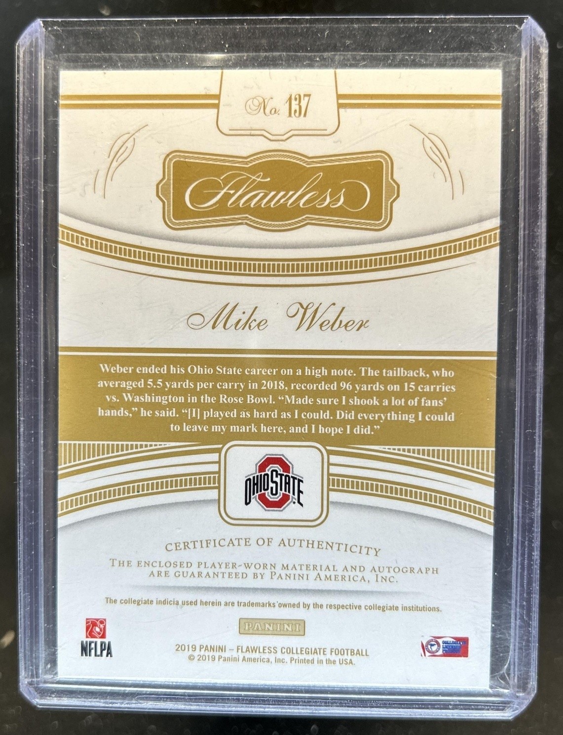 2019 Immaculate Collegiate Mike Weber Premium Patches Rookie Auto RC Gold #/25 view 2