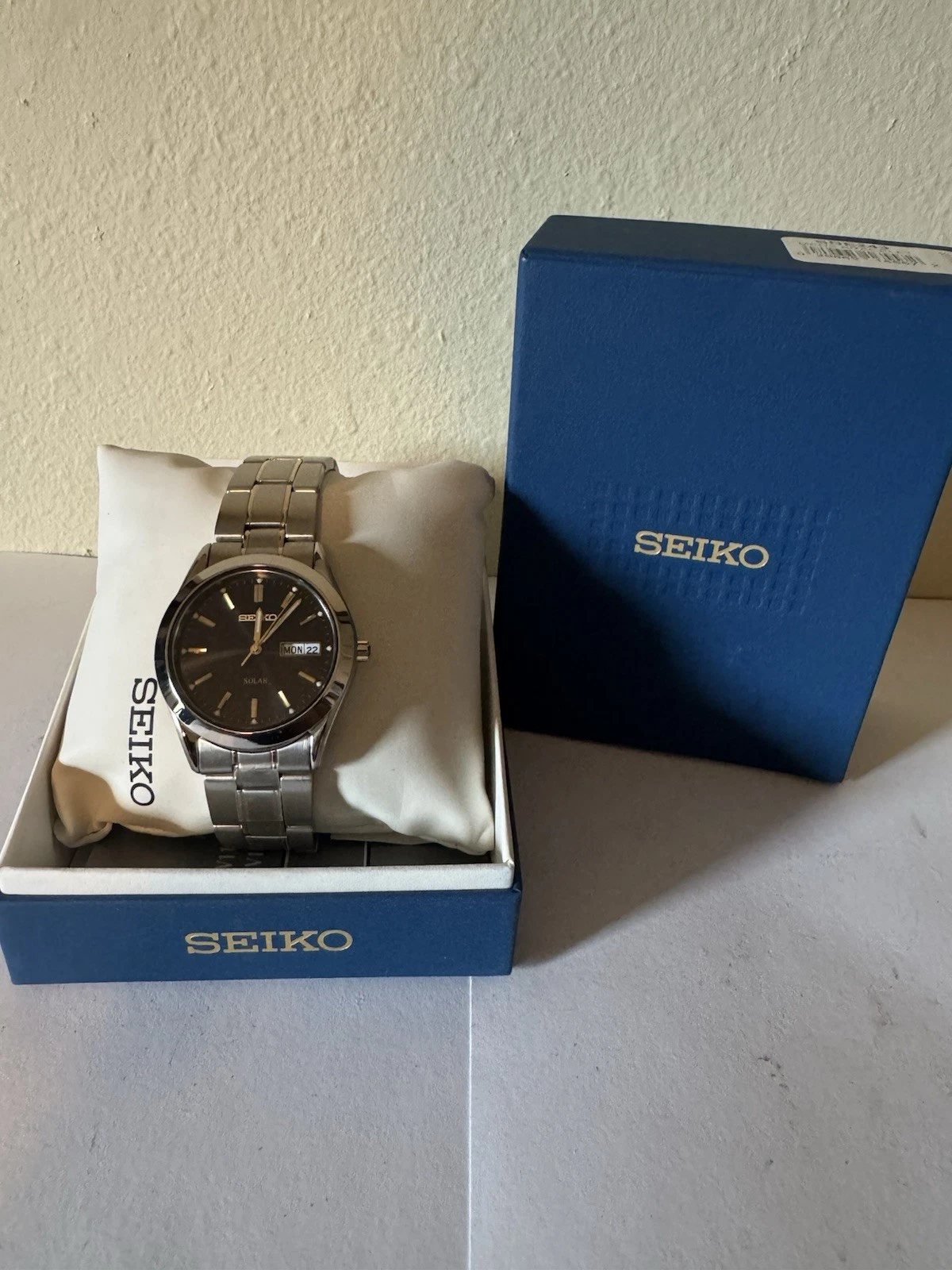 Seiko SNE243 Men’s Solar Watch – Black Dial, Stainless Steel Band – New in Box!