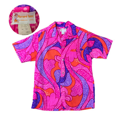 Vintage 1960s Pomaré Tahiti Pink & Purple Dayglo Barkcloth Button Down Shirt
