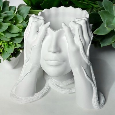 Lady Face Planter Pot   3D Printed Head Vase with Hands, Artistic Home Decor
