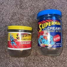 2 Vintage Superman Peanut Butter Creamy Glass Jars & Lids 12 Oz & 18 Oz 1980s