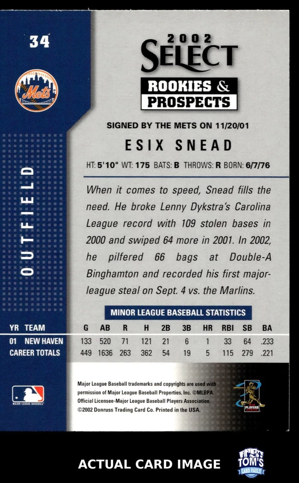 2002 Select Rookies & Prospects #34 ESIX SNEAD New York Mets AUTO RC EX-NM - Image 2 of 4