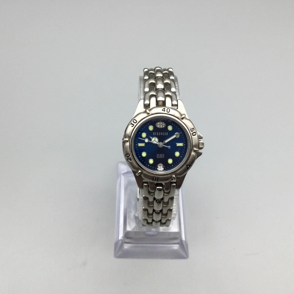 Reloj Berenger HMS Mujer 26mm Tono Plateado Esfera Azul Fecha Batería Nueva 6.5" Foto 2 de 4