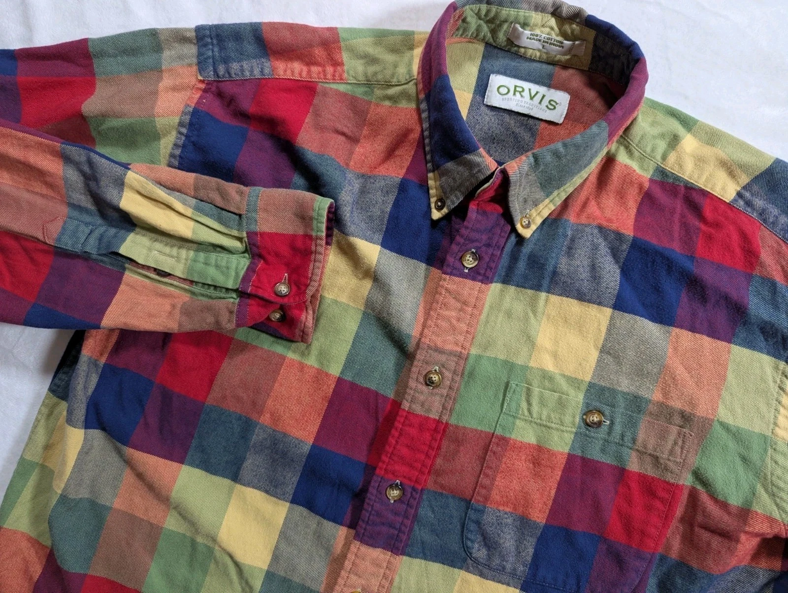 Vintage Orvis Shirt Mens Large Colorful Plaid Multicolor Long Sleeve Button Up