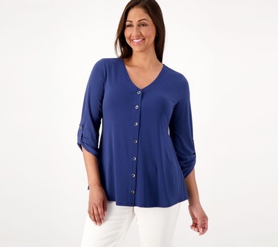 Susan Graver Liquid Knit V-Neck Button Trimmed Roll Tab Top Ocean Royal M New