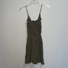 Express Deep Olive Green Ruffle Lined XS Sleeveless Neckline Clip V Neck Dress