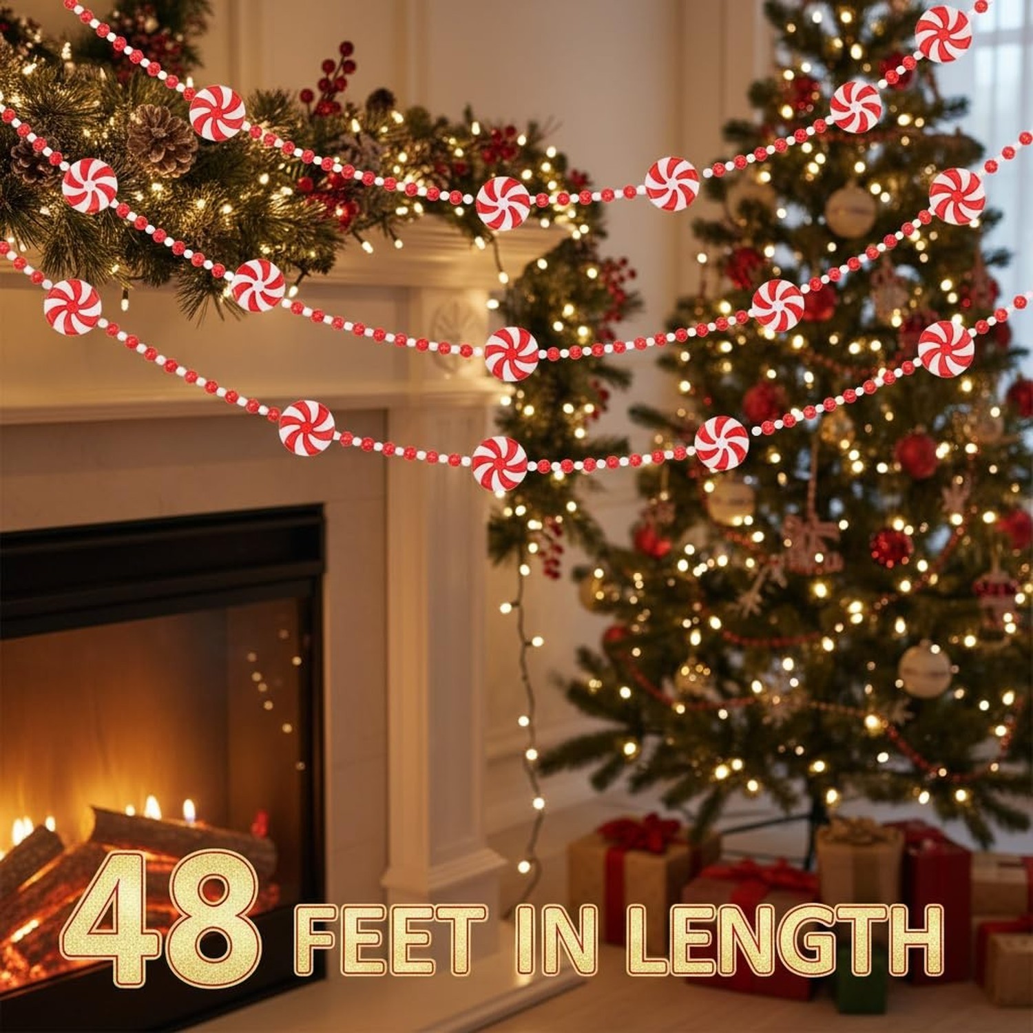 48 feet Christmas Candy Garland Plastic Bead Garland Xmas Holiday Candy Cane ...