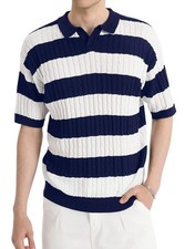 Strick Polo Shirt Herren Kurzarm Gestreift Vintage Retro Rippstrick Dunkelblau S