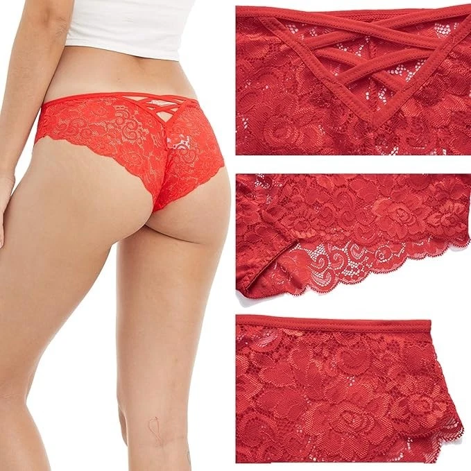 Women's Lace Brazilian Cheeky Panties – Red & Black 4 Pack