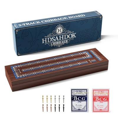 Wooden 3 and 4 - Track Cribbage Board Game Set, with Magnetic Lock / 12Pcs Me...