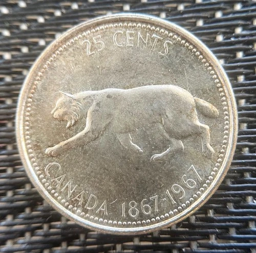 1967 Canada, 25 Cent, Centennial, Silver Coin, Business Strike, Bobcat.