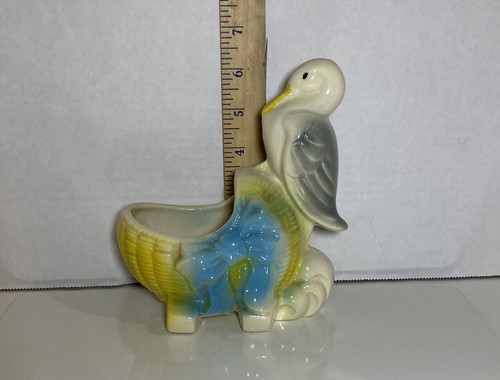 Stork Baby Bassinet Planter Vintage Pottery Ceramic Vintage Mid Century BOY blue - Picture 4 of 12