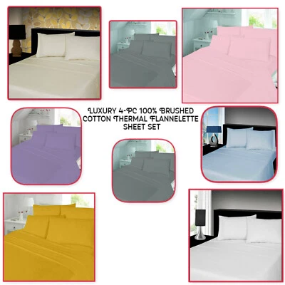 Thermal Flannelette Sheet Set 100% Brushed Cotton 4-PC Fitted/Flat Sheet P.Cases
