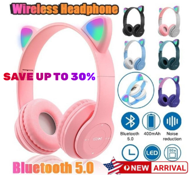 Wireless Bluetooth 5.0 Headset Cat Rabbit Ear LED Headphone For Kids Girls Gift