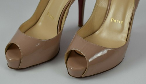 Christian Louboutin Sz 37 Nude High Heel Platform Peep Toe Slingback Pumps Italy - Picture 2 of 16