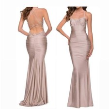 La Femme 29873 Shiny Strappy Jersey Long Nude Gown 4