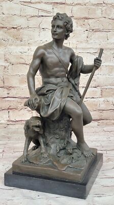 Vintage Classic Bronze Sculpture: Shepherd with His Dog, Hot Cast Figurine Art