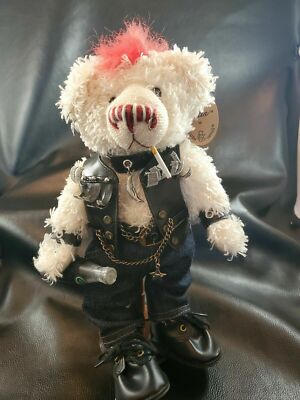 VINTAGE REBEL BIKER PUNK TEDDY BEAR! ELLIS BEAR! PLUSH IMAGE! 12'' W/ STAND! NEW!