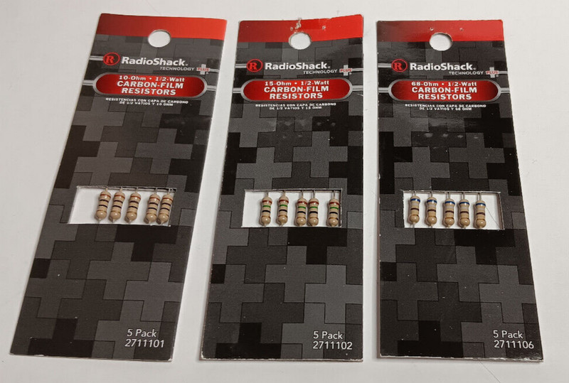 Radio Shack 1/2 Watt Lot of 3 Carbon Film Resistor 5 Packs NIP   10 15 & 68 Ohm