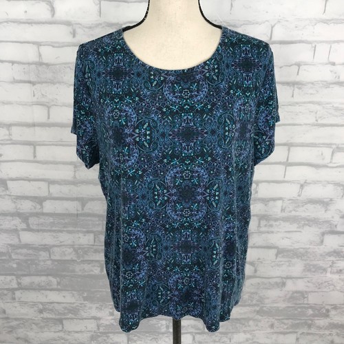 Croft & Barrow Classic Top Tee Shirt Size XXL Blue Floral 100% Cotton