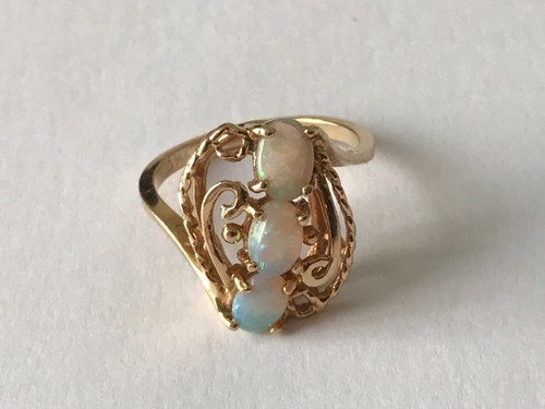 Opal Ring 14ct Gold Fire Opal Trilogy Ring Vintage Gold Ring - Size L 1/2 - 第 3/19 張圖片
