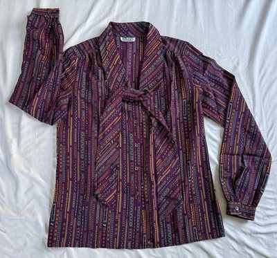 VTG New Editions Purple Multicolor Tie Neck Button Down Blouse