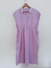 Sussan Linen Midi Shirt Dress Size 12 Pink Sleeveless Collar Drawstring Waist