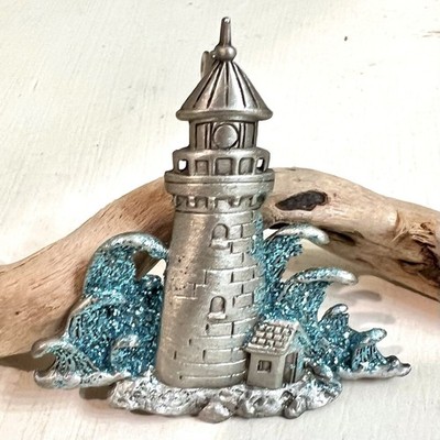 JJ Jonette Lighthouse Brooch Pewter Blue Enamel Nautical Ocean Waves Coastal Pin