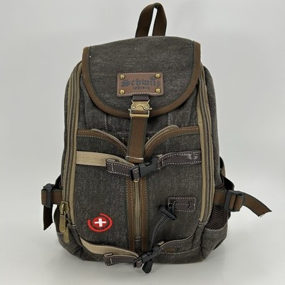 Schwiiz Typisch Swiss Rucksack Backpack Olive Green Brown Canvas Pockets