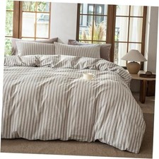 Luxury 100 Washed Cotton Linen Like Duvet Cover Set,3 Twin Strip-linen Grey