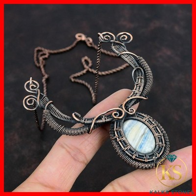 Oval Natural Blue Scheelite Copper Wire Wrapped Chain Handcrafted Boho Necklace
