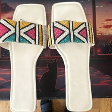 Women s White/Multicolor Beaded Geometric Sli...