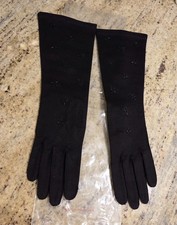Vintage Womens Size M/L 7 Black Cotton Formal 14" Long Gloves Beaded Starbust