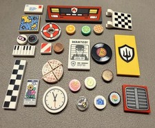30 LEGO Steine Fliese bedruckt: Schallplatte, Brief, Klavier, Obst, Landkarte