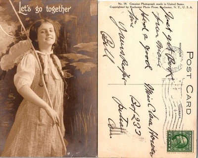 Vintage Lets Go Together Girl Fishing Photo Postcard 1914 Rochester Photo Press