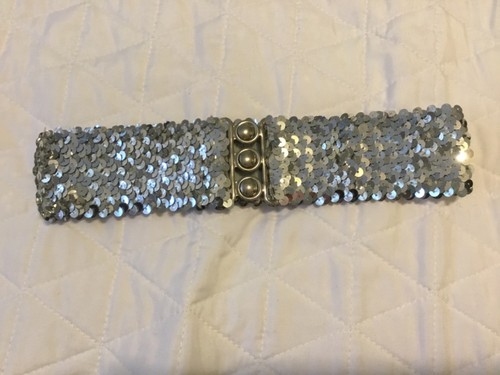 Vintage Silver Sequin Elastic Stretch Belt Metal Clasp Closure Clubwear