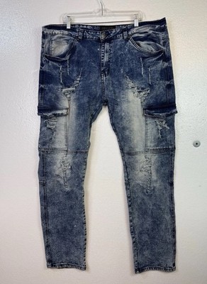 Encrypted Jeans Mens 44x34 Blue Denim Straight Grunge Distressed Acid Wash