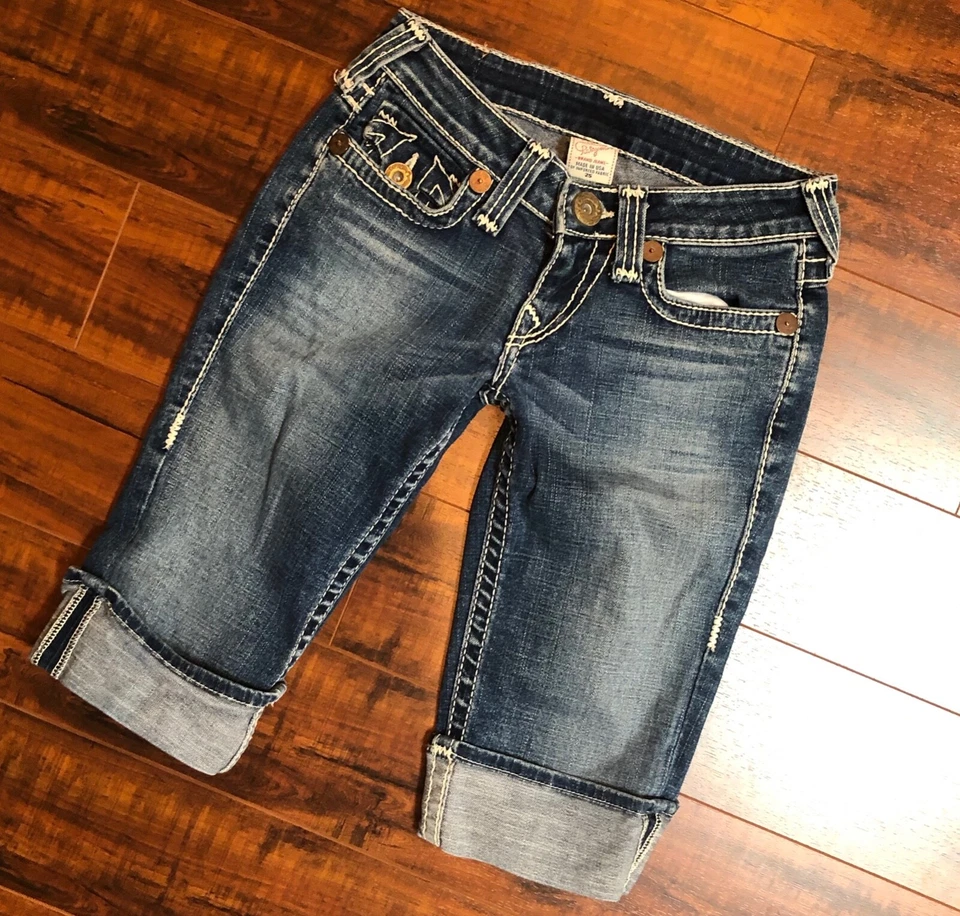 True Religion Jeans Heavily Stitched Bermuda Shorts Cuffed Size 25 MSRP $198