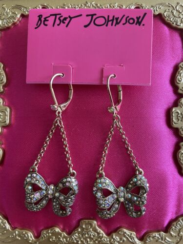 Betsey Johnson Perfectly Pave Crystal AB Aurora Borealis Bow Ribbon Earrings