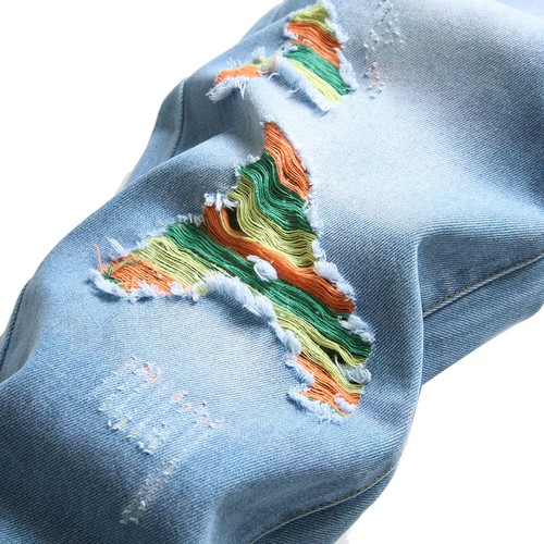 Pantalones de mezclilla ajustados para hombre arco iris de moda informales rasgados calce recto - Imagen 6 de 13