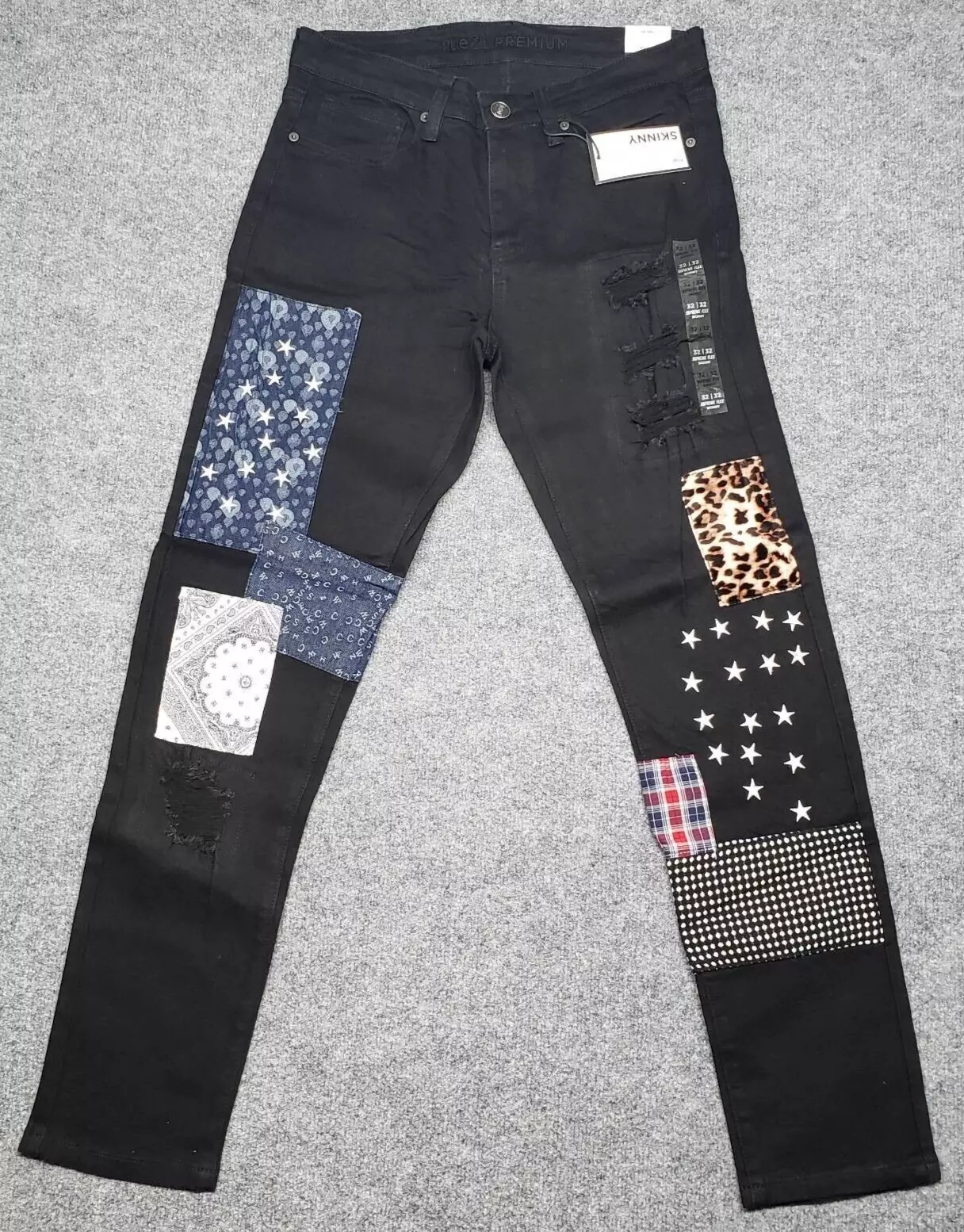 Jean Rue21 homme 32X32 noir denim supreme flex skinny patchs vieilli neuf
